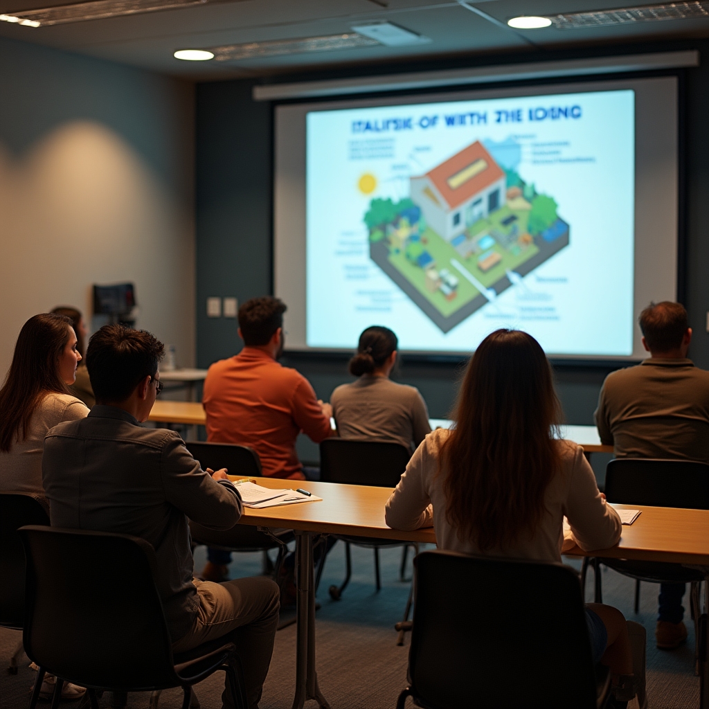 Small group attending an early structured solar training session with a presentation screen