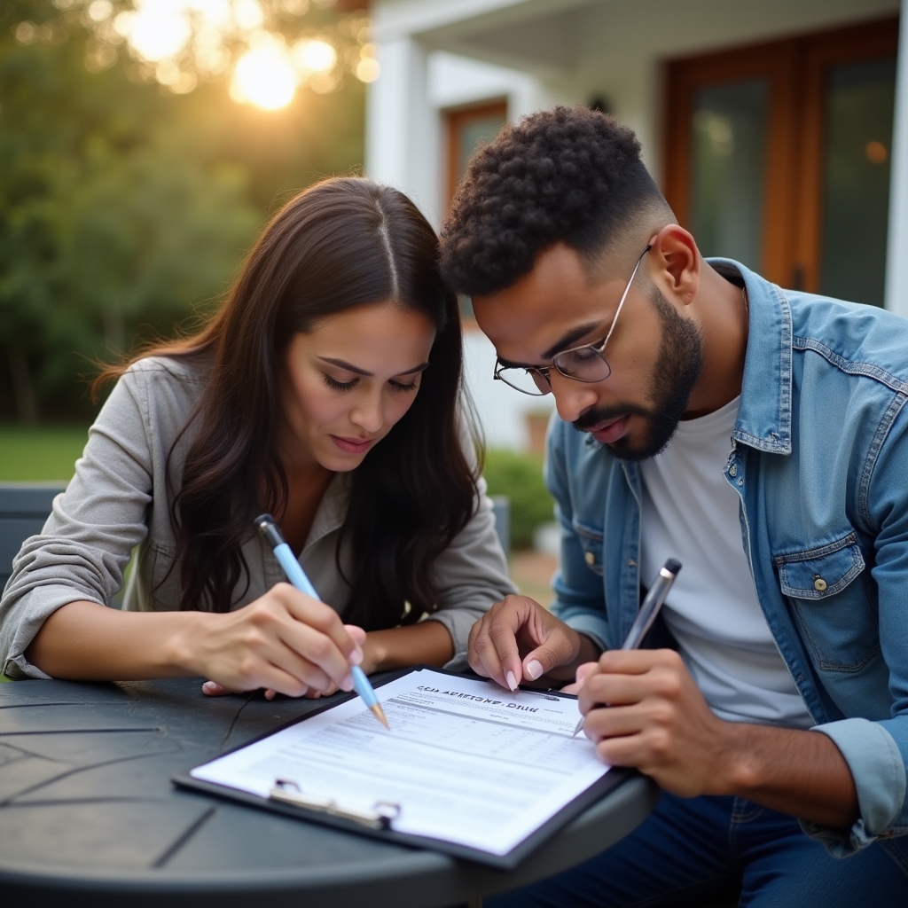 Homeowner and installer reviewing a proposal on a clipboard