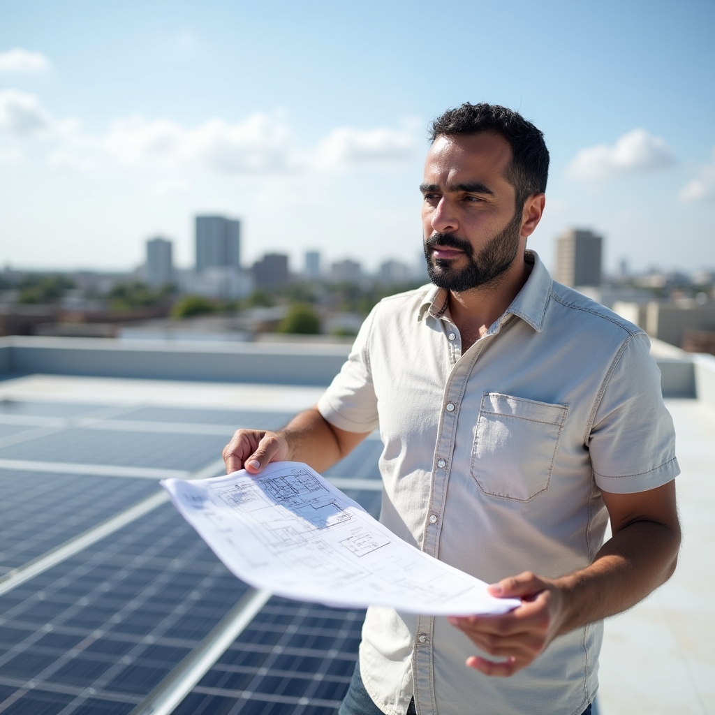 Small business owner reviewing solar panel layout on a commercial rooftop