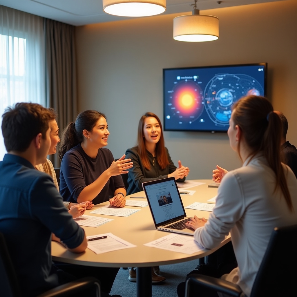 Small group of participants discussing solar concepts around a table during a workshop